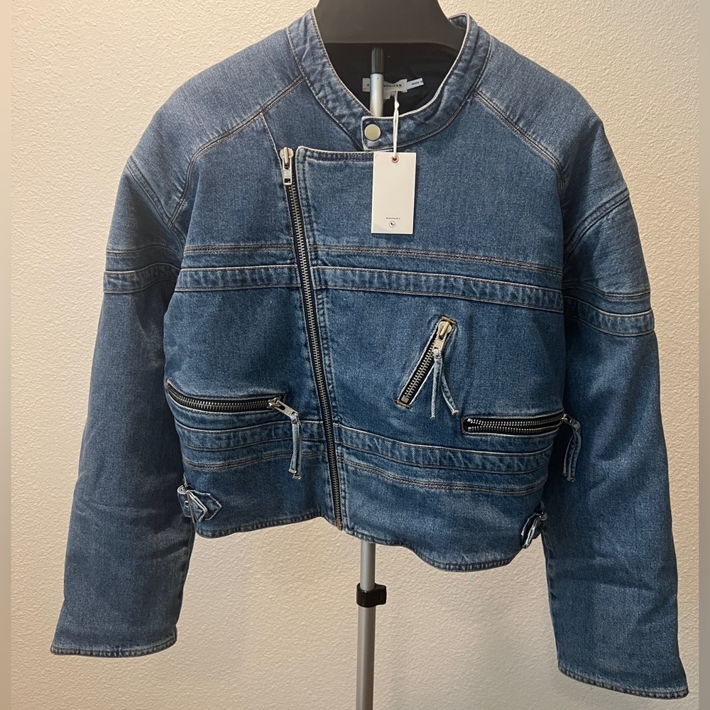 Good American  Blue Denim Lined Jacket with Zipper Accents